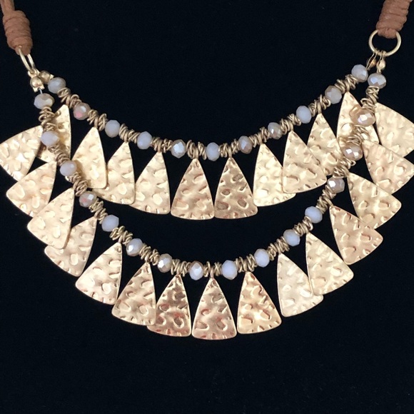 Boho Southwestern Hammered Gold & Brown Vegan Leather Necklace - Picture 2 of 3